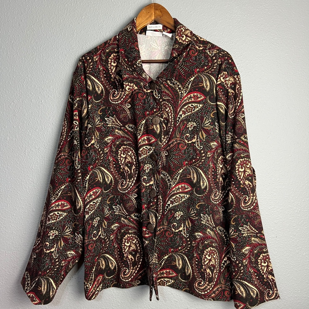 Aparenza 90's Paisley Button Down Stretch Tunic Top Boho Retro Bold Artsy 3X